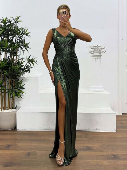 Elegant V-neck Draped Evening Gown Maxi Dress