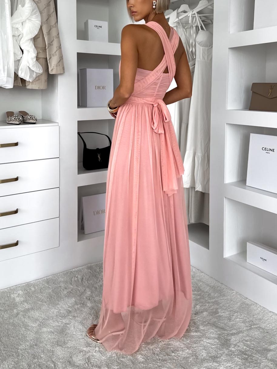 Elegant Sleeveless Mesh Ruched Convertible Maxi Dress