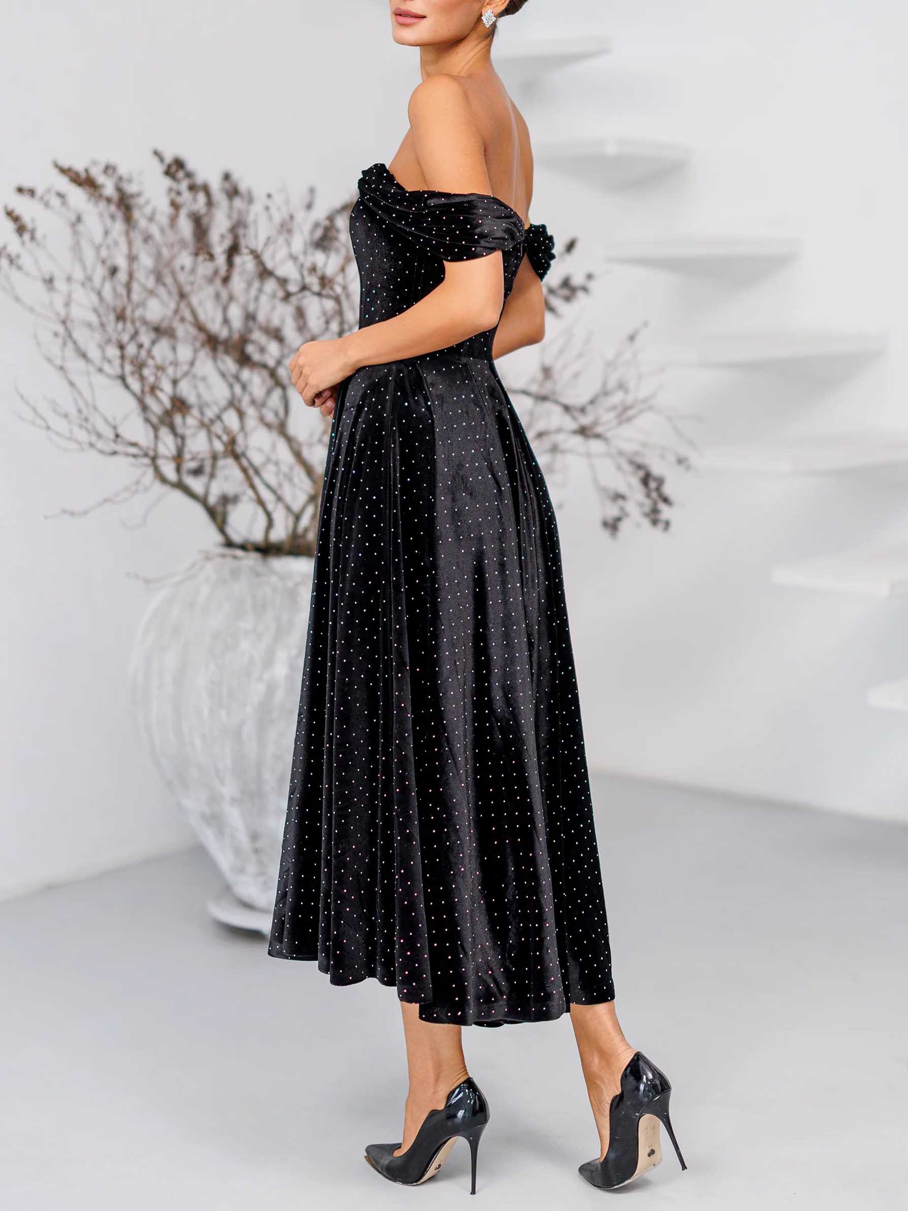 Elegant Off-Shoulder Velvet Rhinestone Midi Dress
