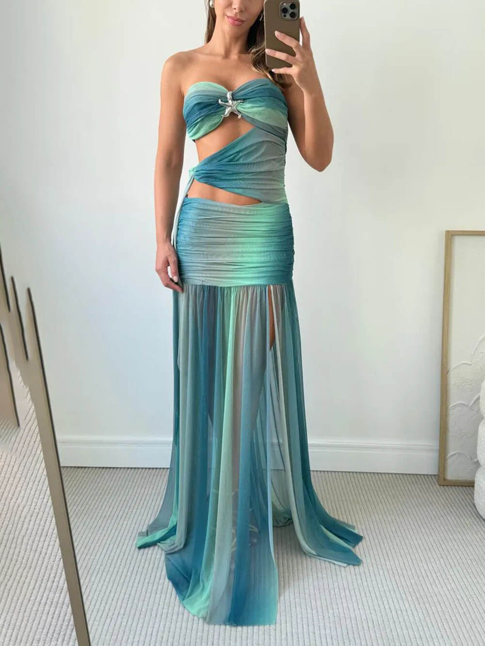 Sexy Printed Side-Slit Draped Maxi Dress