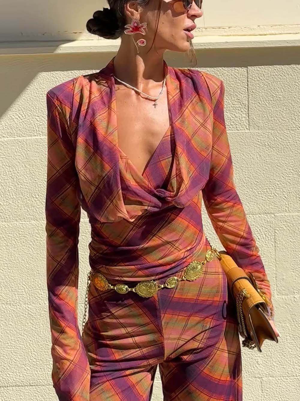 Unique Plaid Print Sheer V-Neck Top