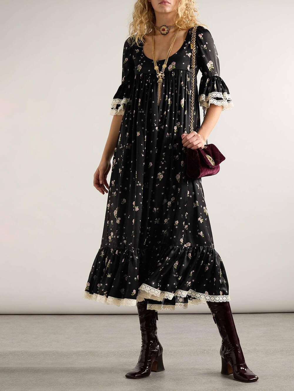 Retro Lace-Trimmed Ruffled Floral Print Midi Dress