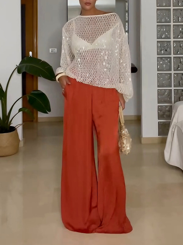 Elegant Sequined Cutout Long-Sleeved Sweater