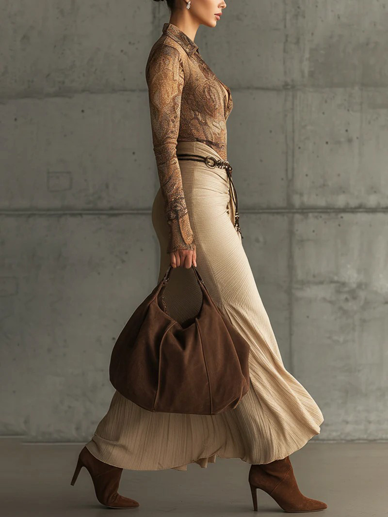 Retro Print Top And Skirt Two-piece Set