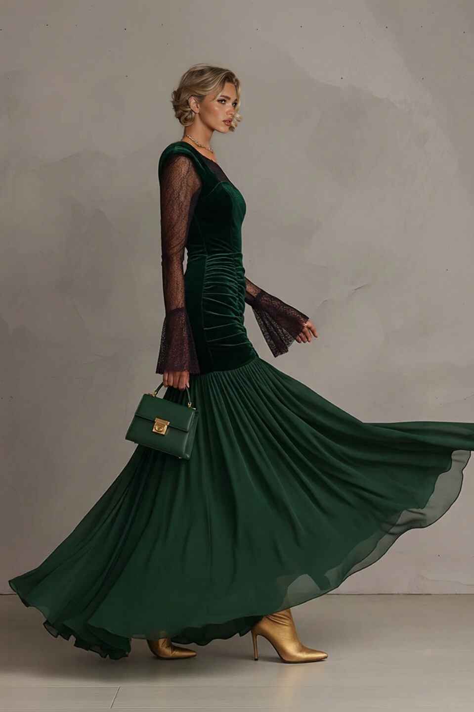 Elegant Emerald Velvet Chiffon Lace Sleeves Maxi Dress