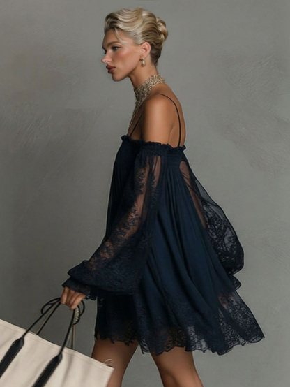 Exquisite Off-Shoulder Lace Trim Mini Dress