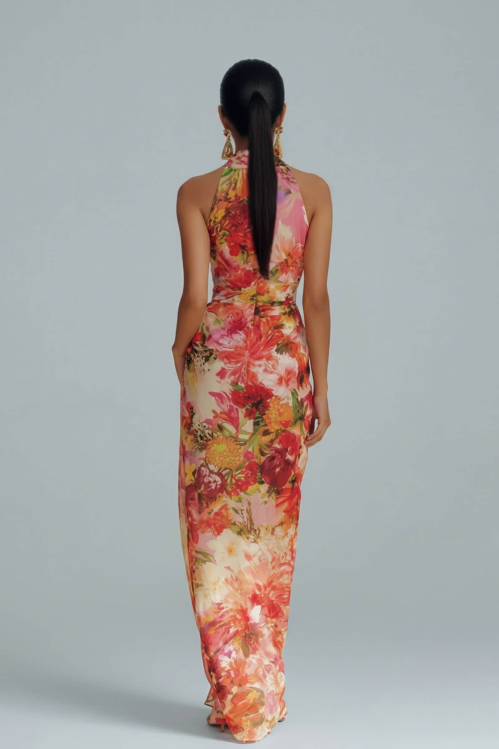 Fashion Floral Chiffon Halter Sleeveless A-Line Maxi Dress