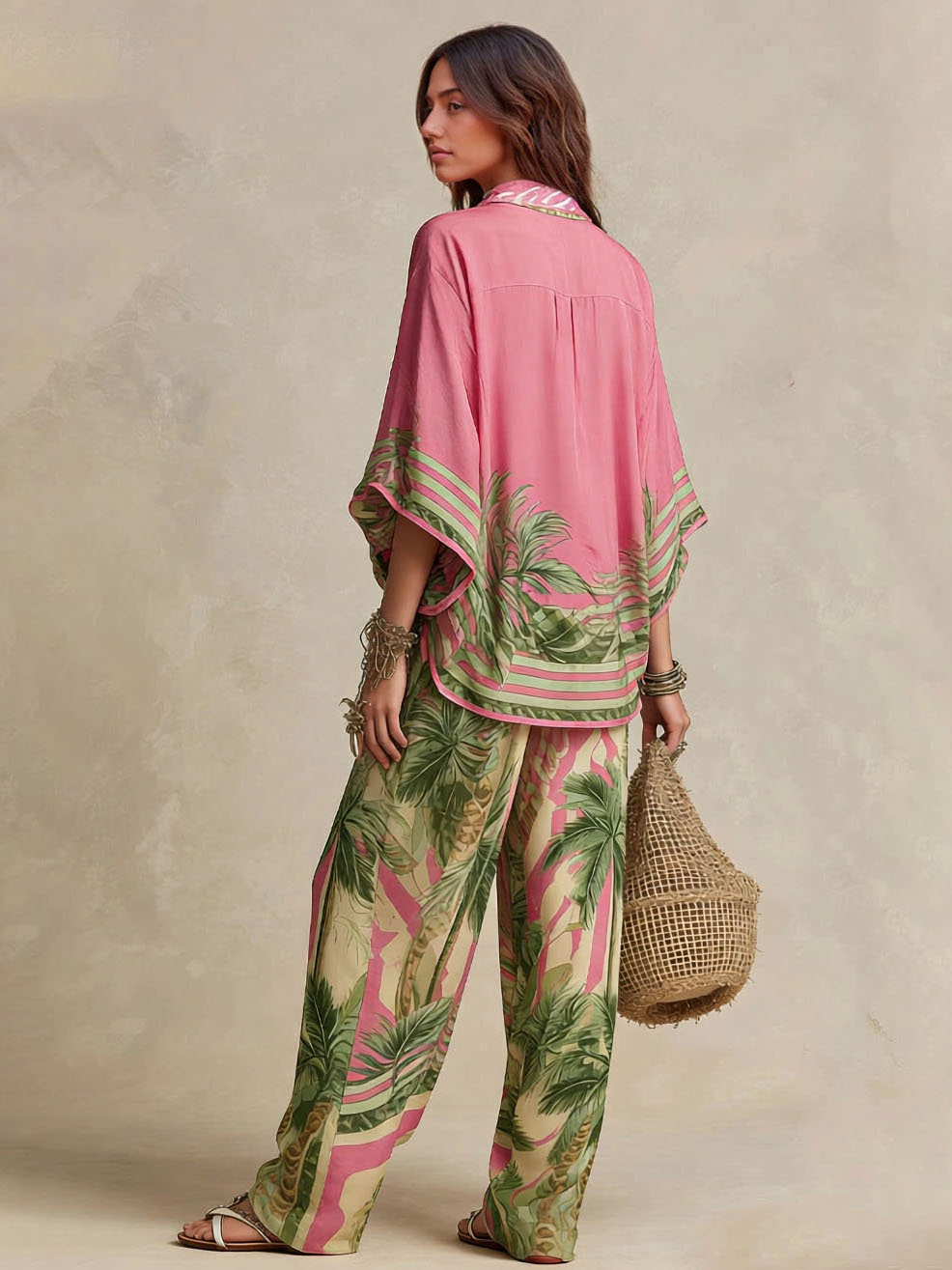 Bohemian Tropical Print High-Waist Wide-Leg Pants
