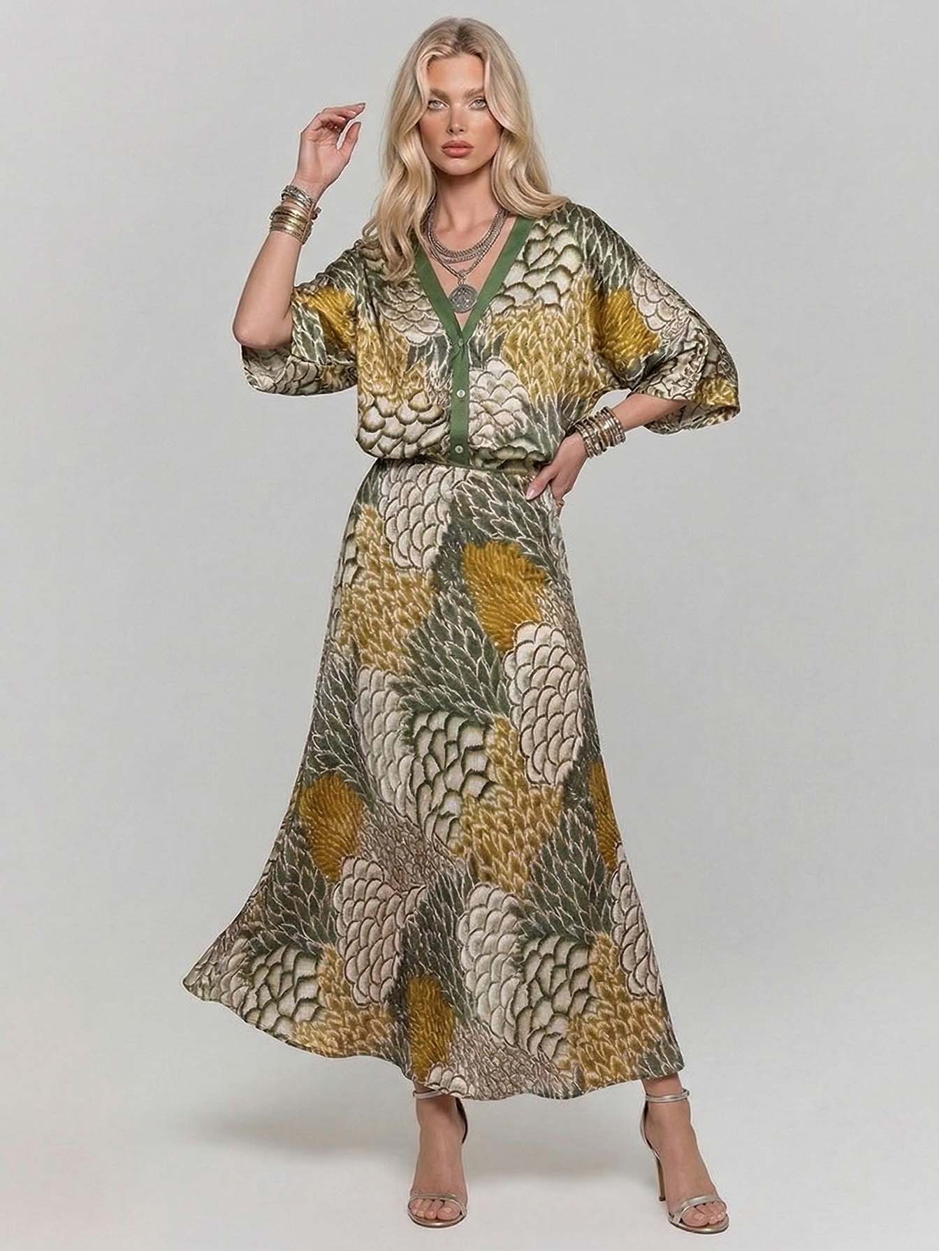 Retro Scale Print Satin Skirt Two-Piece Set