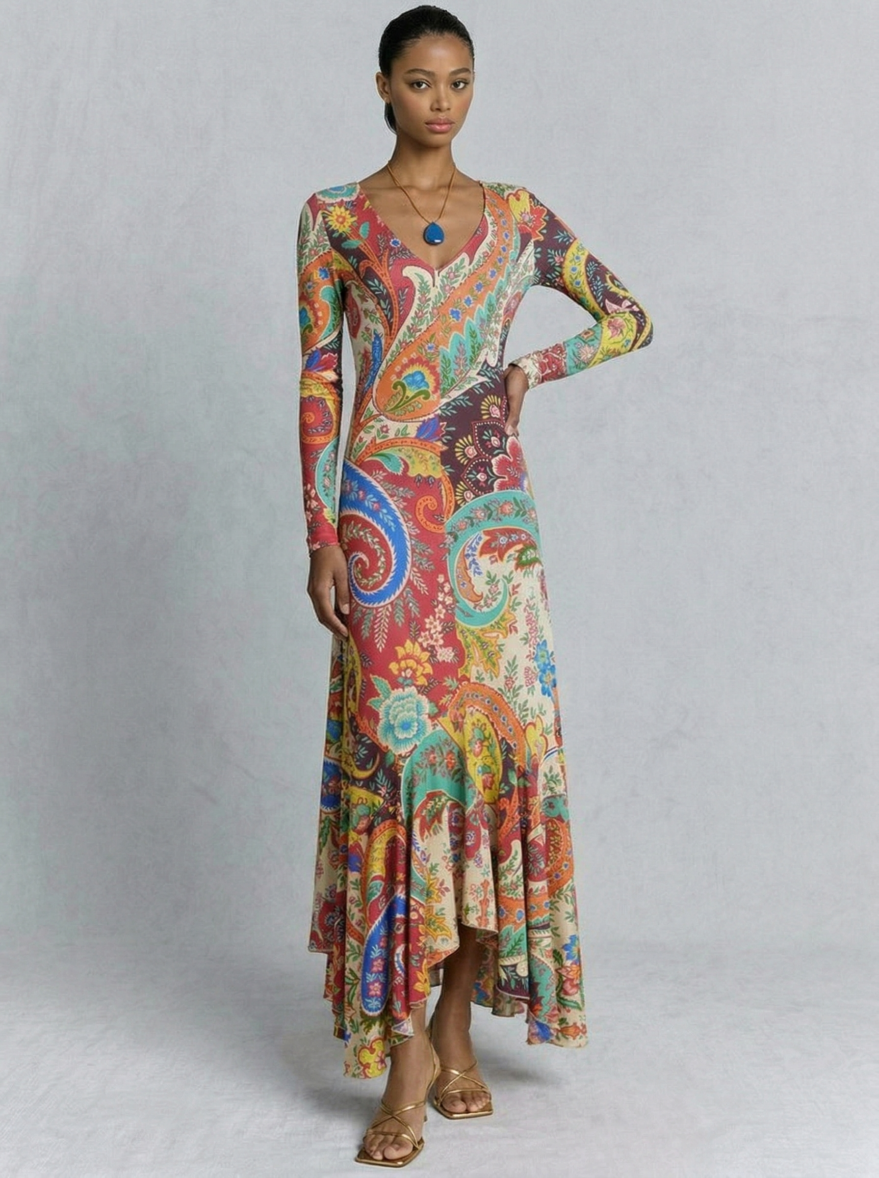 Colorful  Paisley Print V-Neck Flounce Hem Maxi Dress