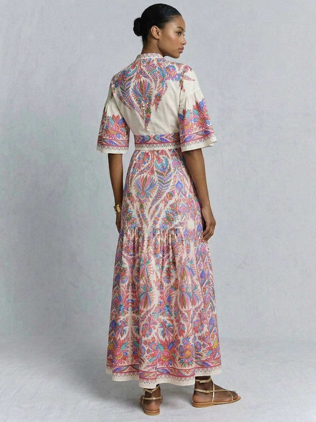 Paisley Print Stand Collar Maxi Dress