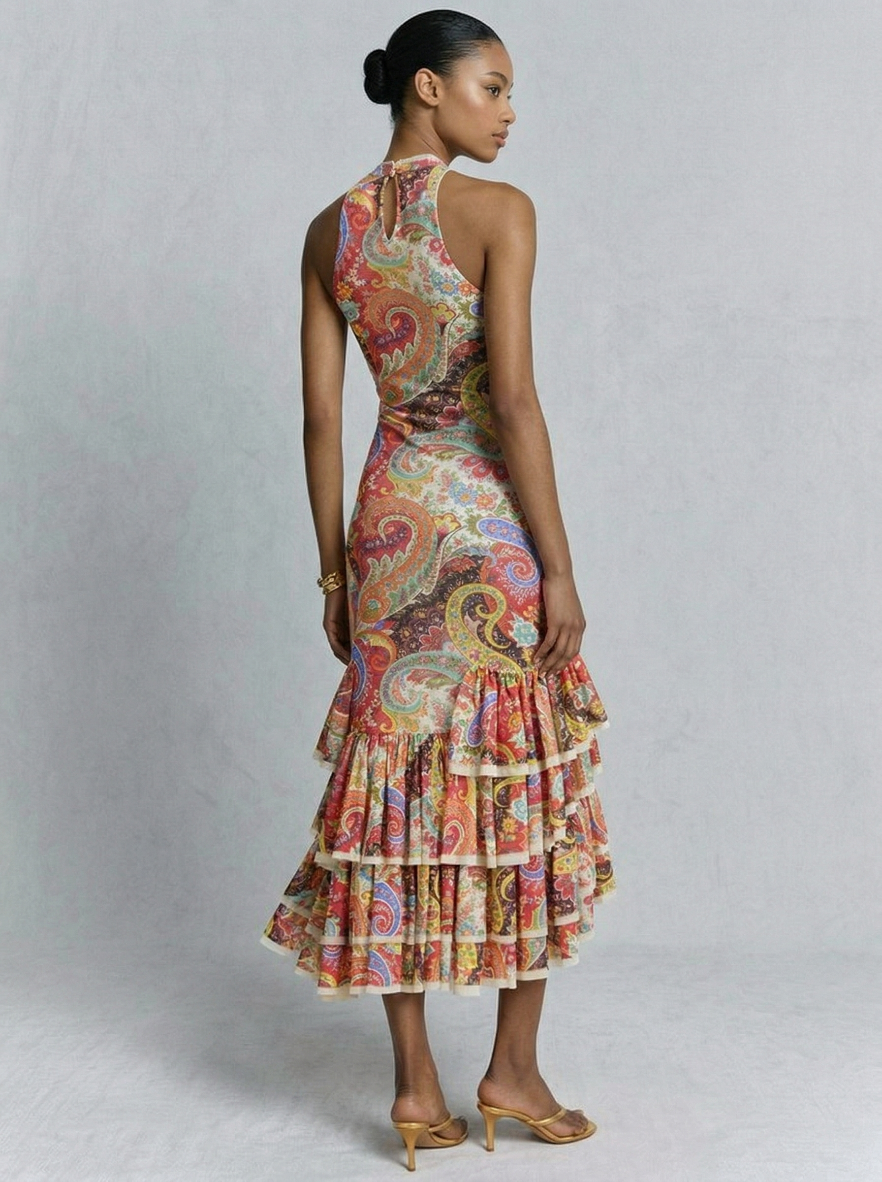 Colorful  Paisley Print Ruffled Hem Halter Midi Dress