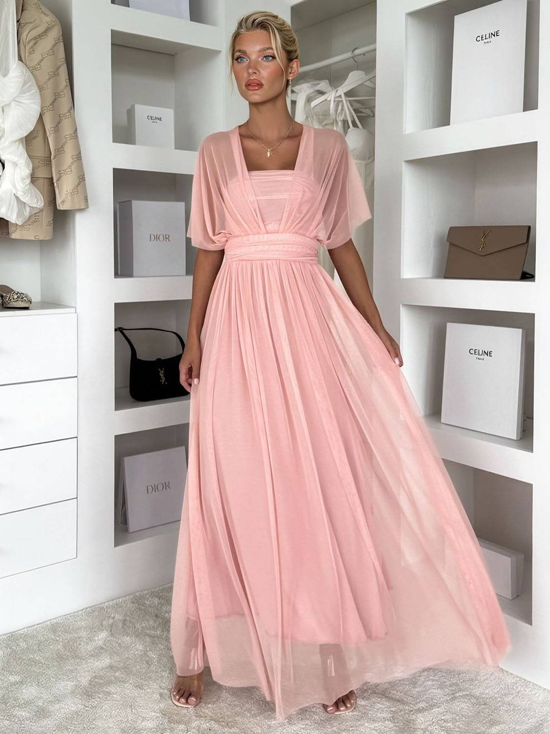 Elegant Sleeveless Mesh Ruched Convertible Maxi Dress