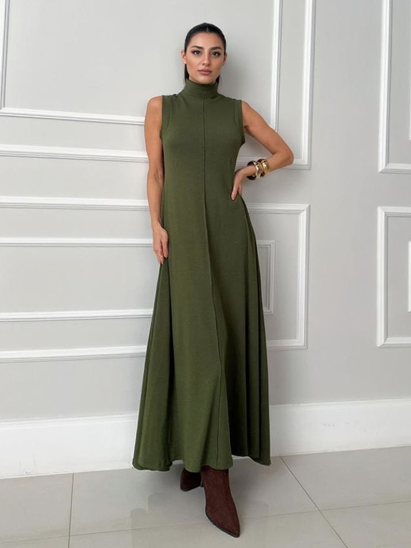 Elegant Sleeveless High-Neck Belted Maxi Dress