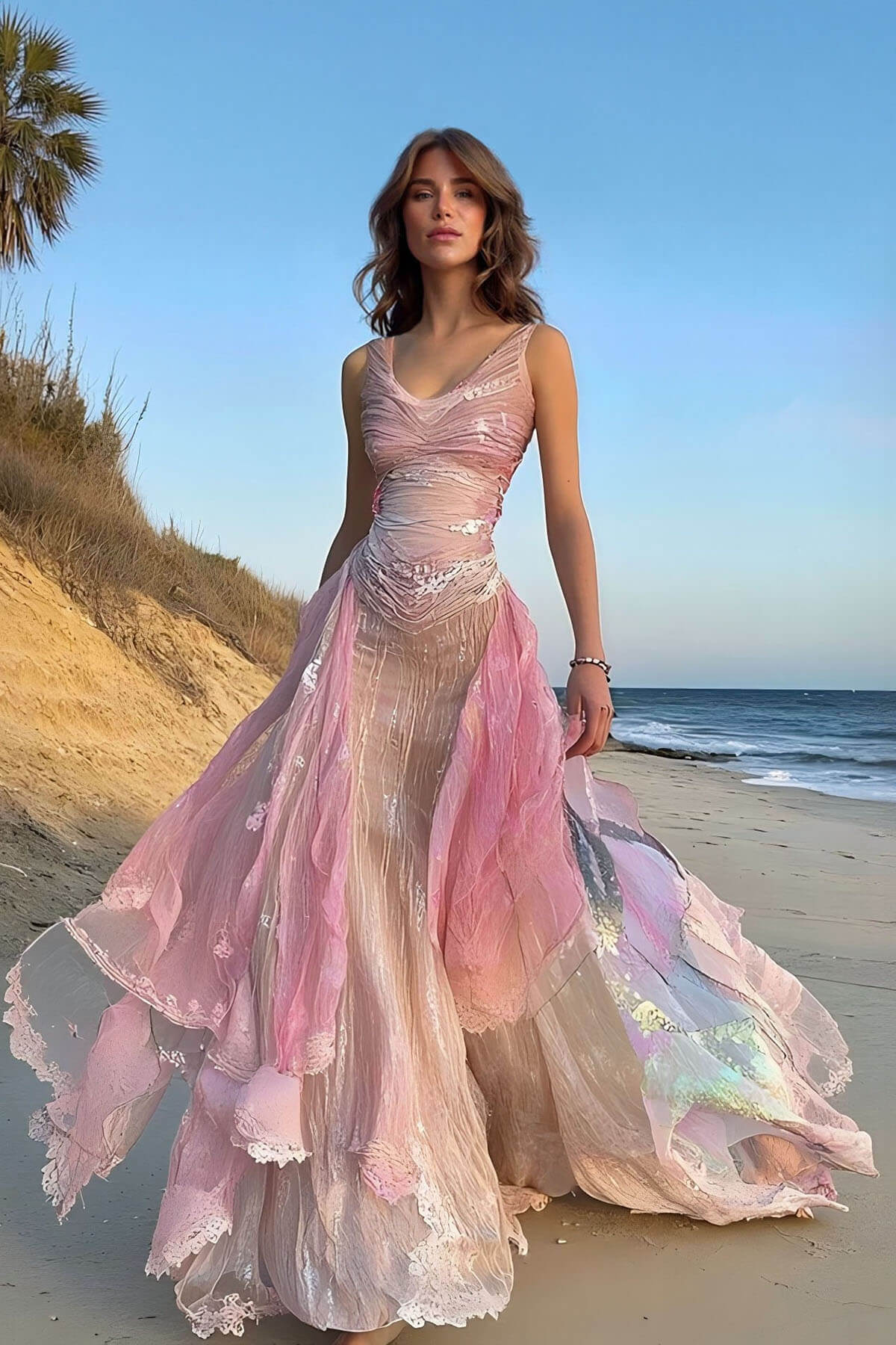 Vacation Seaside Ruffle Lace Patchwork Maxi Dress