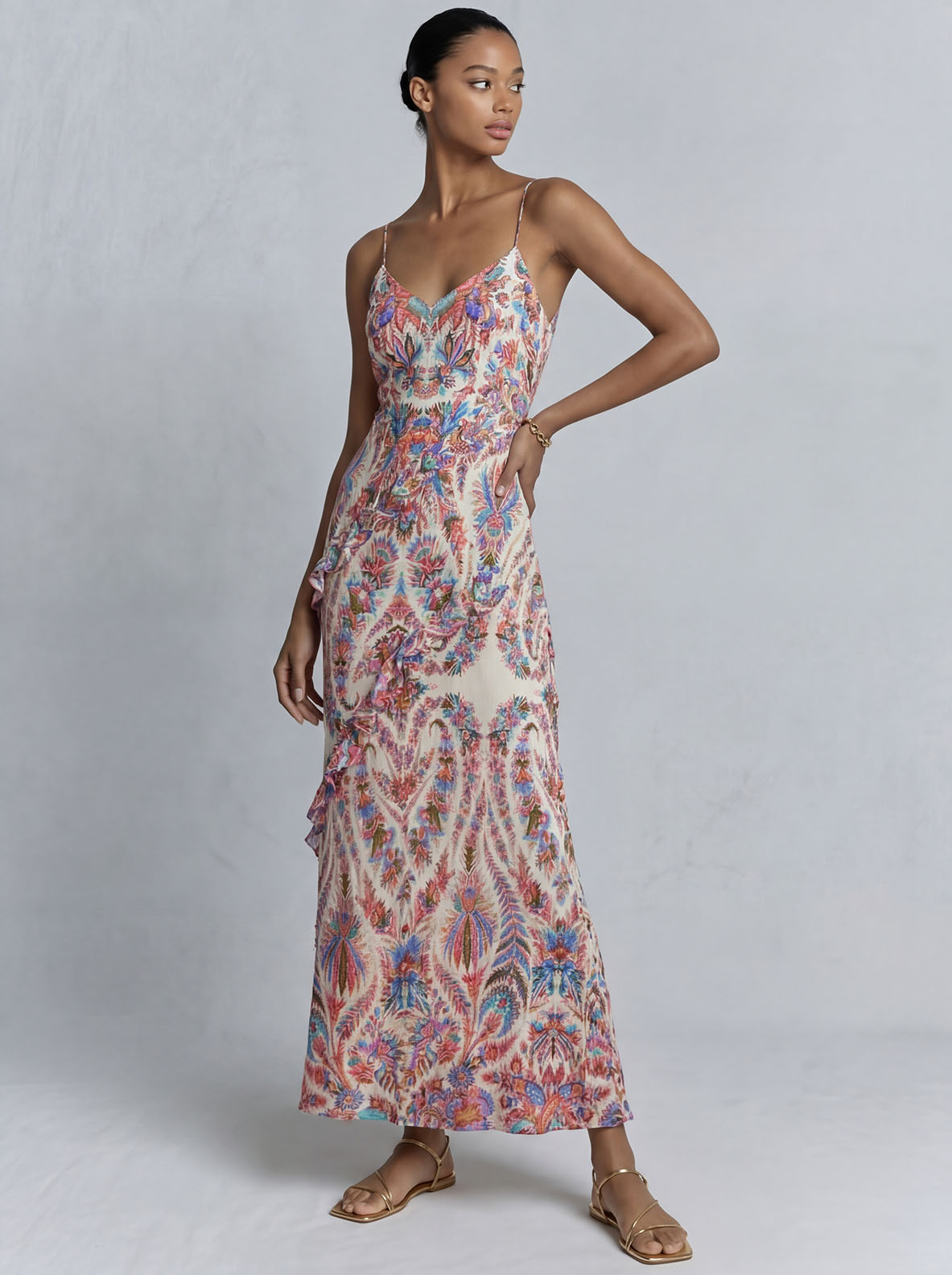 Elegant Paisley Print Ruffled Slip Maxi Dress