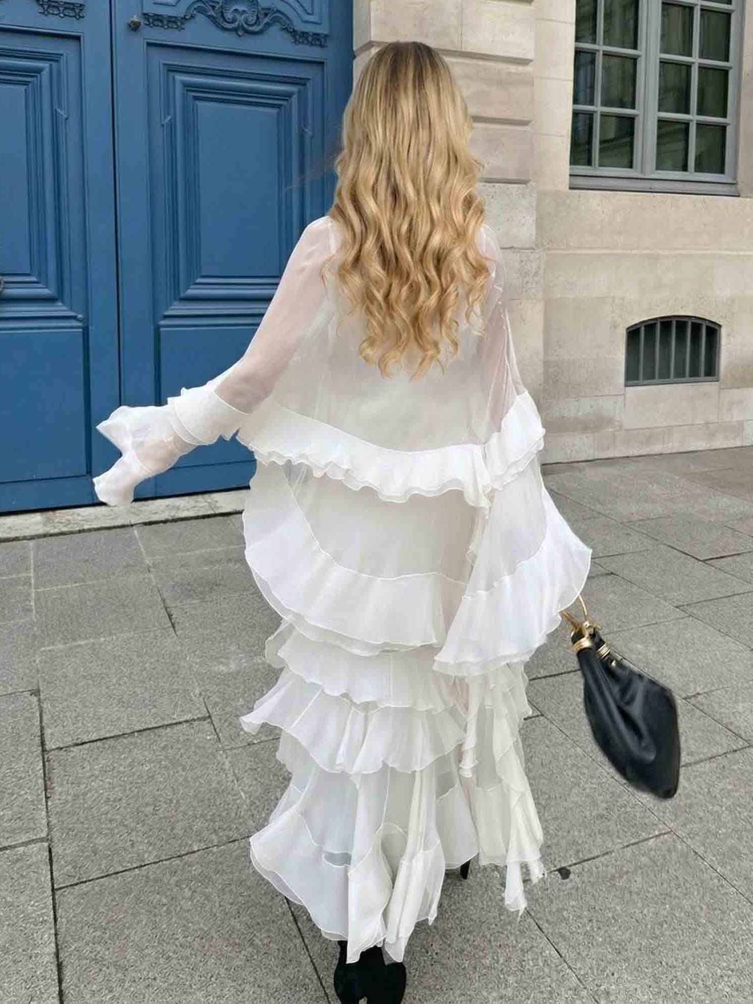 Elegant Tulle Ruffled Flowy Beach Maxi Dress