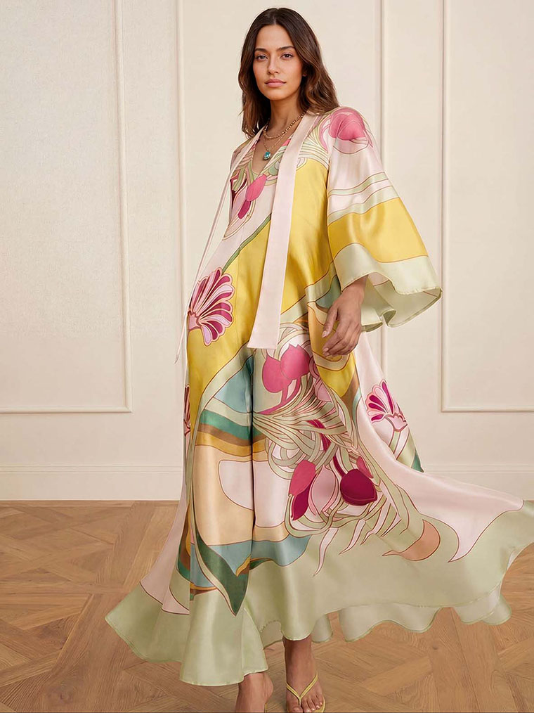 Exquisite Satin Floral Print Loose-fitting Maxi Dress