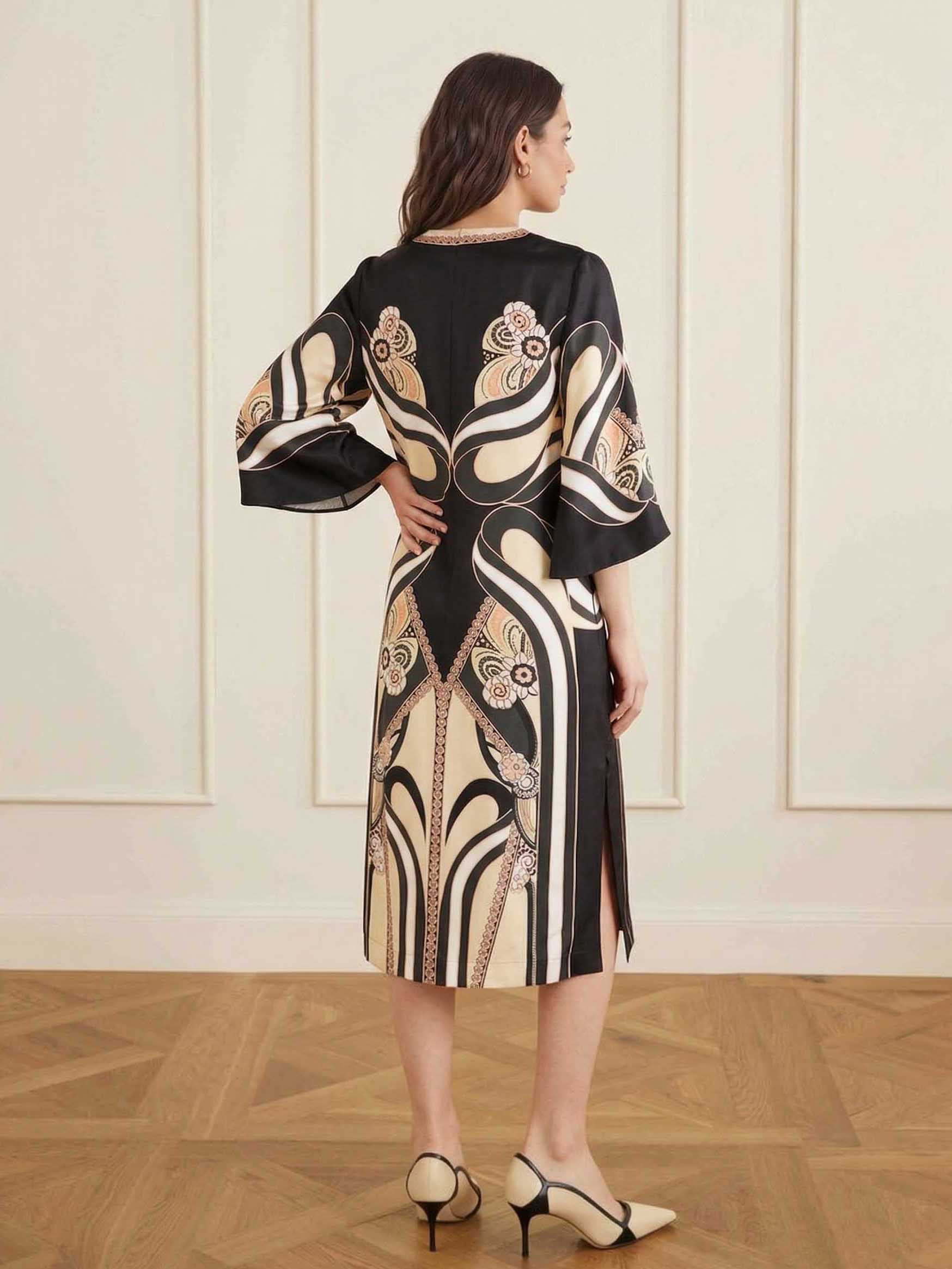 Elegant Satin Abstract Print V-Neck Flared Sleeve Midi Dress