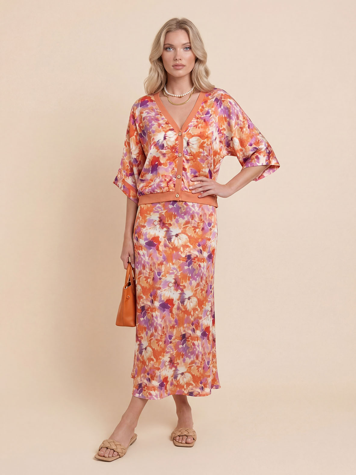 Exquisite Floral Print Satin Two-Piece Set