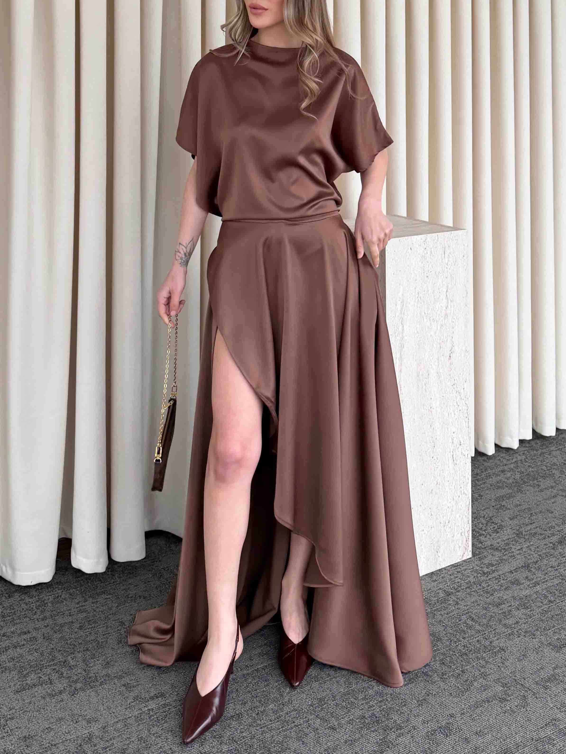 Elegant Satin Flowing Wrap Midi Dress