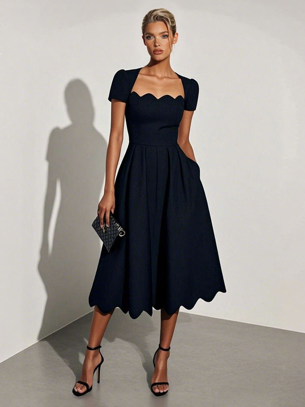 Elegante vestido midi de corte A con bajo ondulado