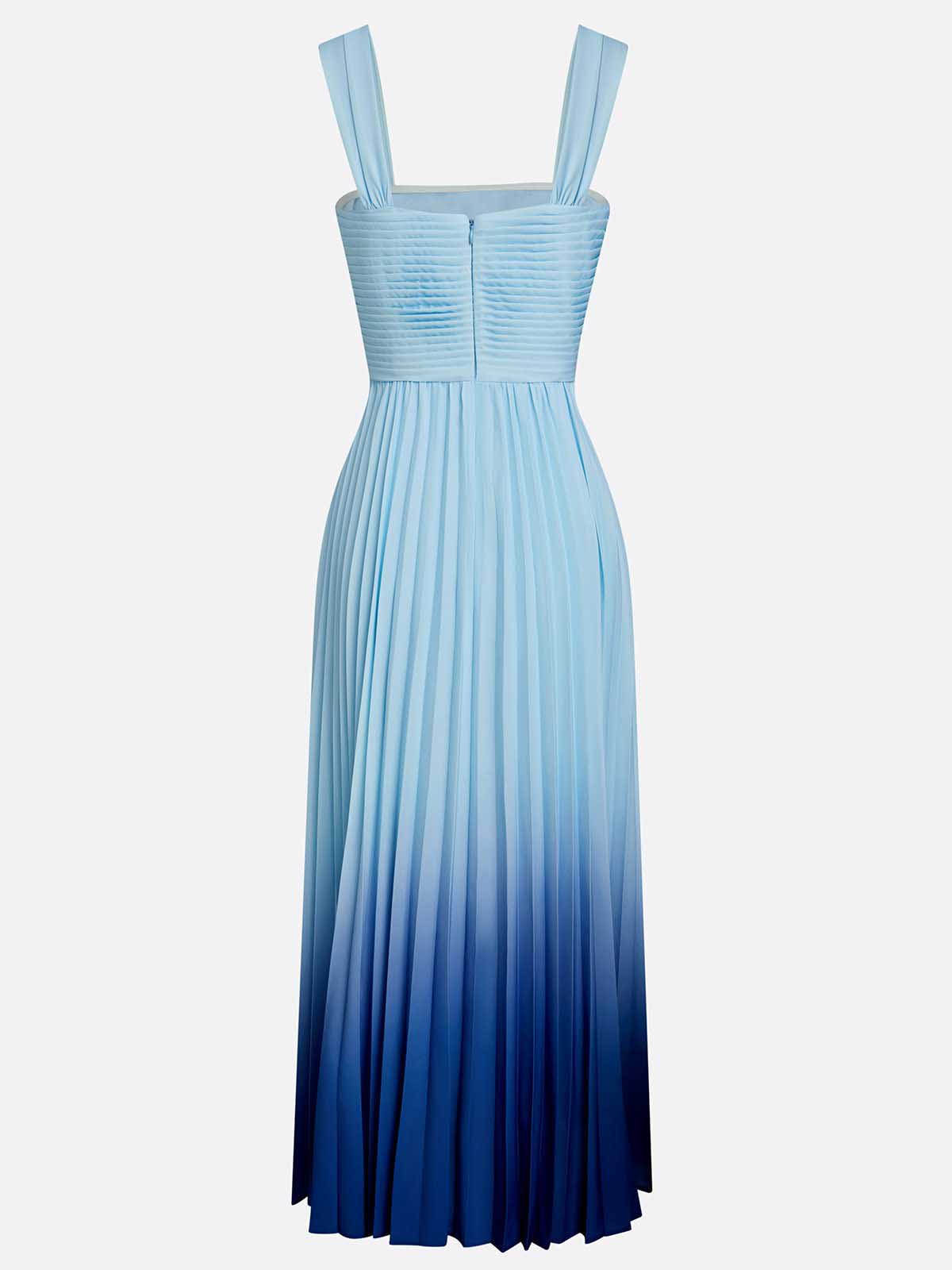 Elegant Gradient Pleated Square Neck A-Line Midi Dress