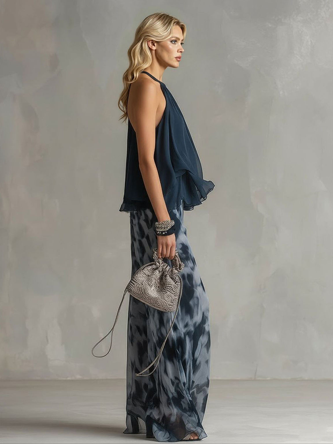 Elegant Halter Ruffle Chiffon Top & Abstract Print Wide-Leg Pants Two-Piece Set