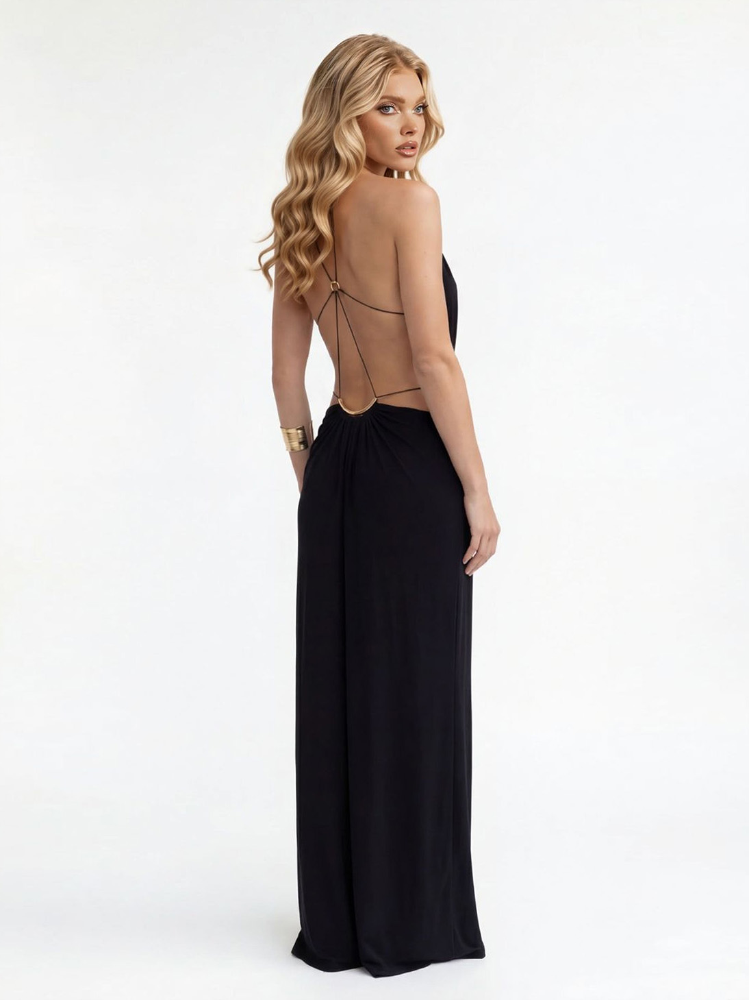 Sexy Metal Chain Cut-Out Backless Lace-Up Draped Maxi Dress