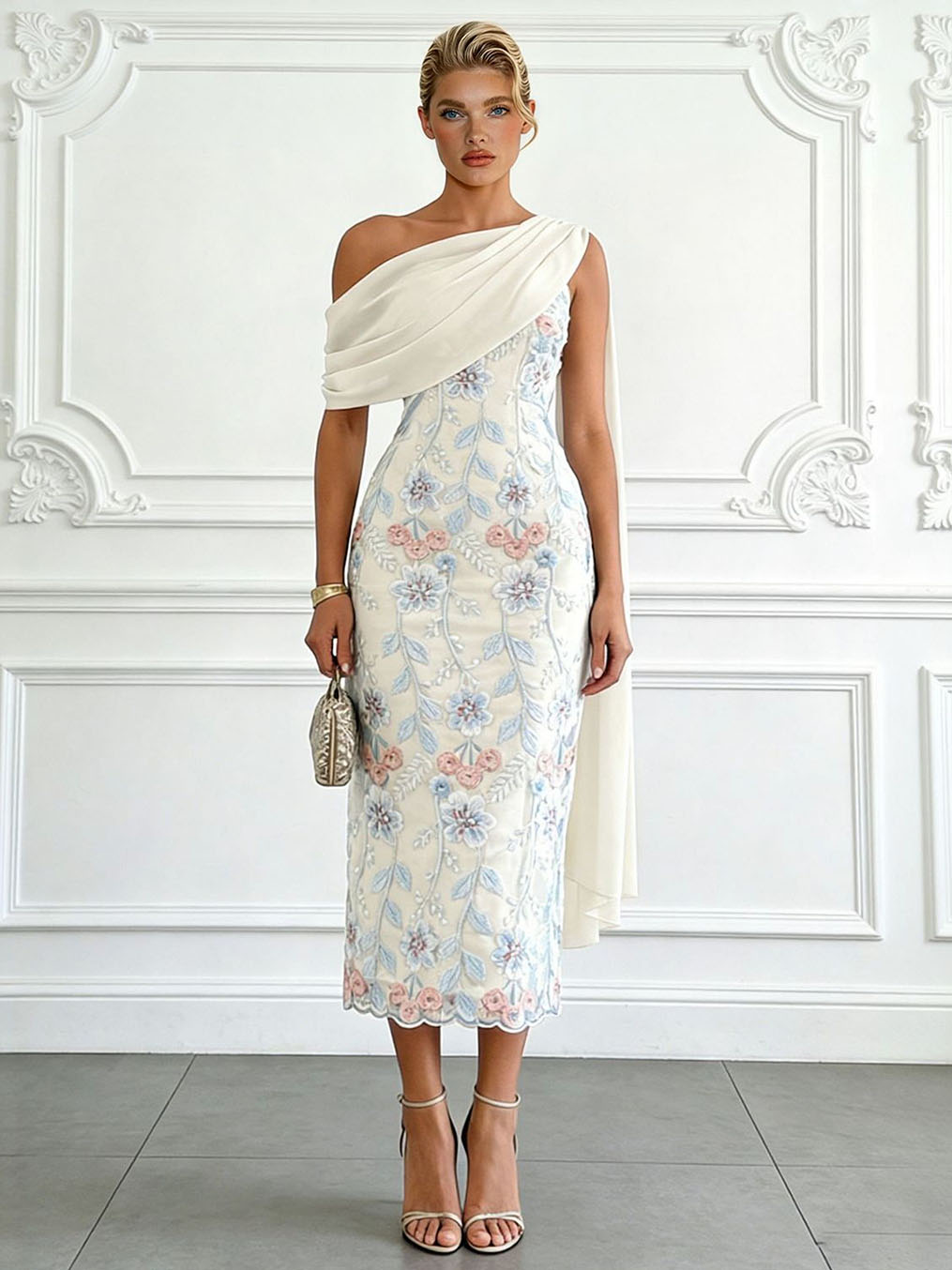 Elegant One-Shoulder Embroidered Lace Draped Midi Dress