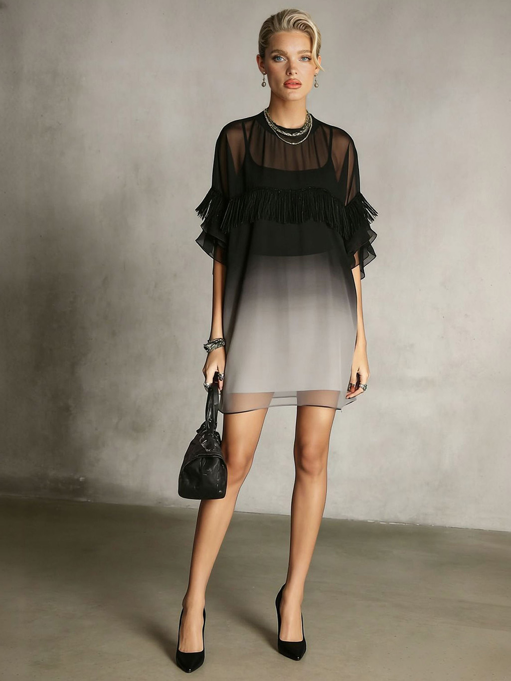 Exquisite Gradient Tassel Trim Chiffon Mini Dress