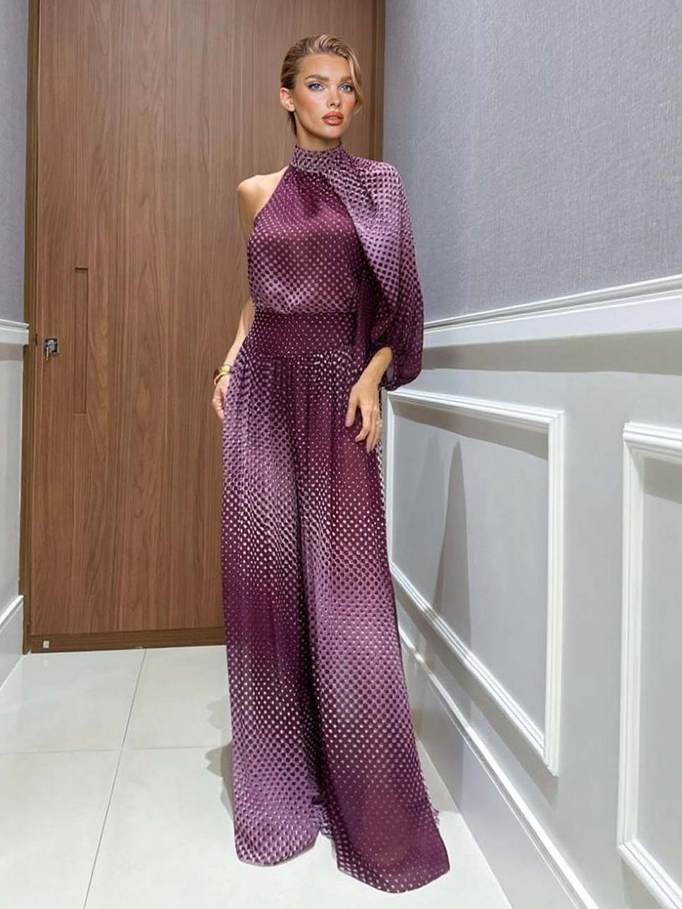 Elegant Gradient Polka Dot One-Shoulder Chiffon Two-Piece Set