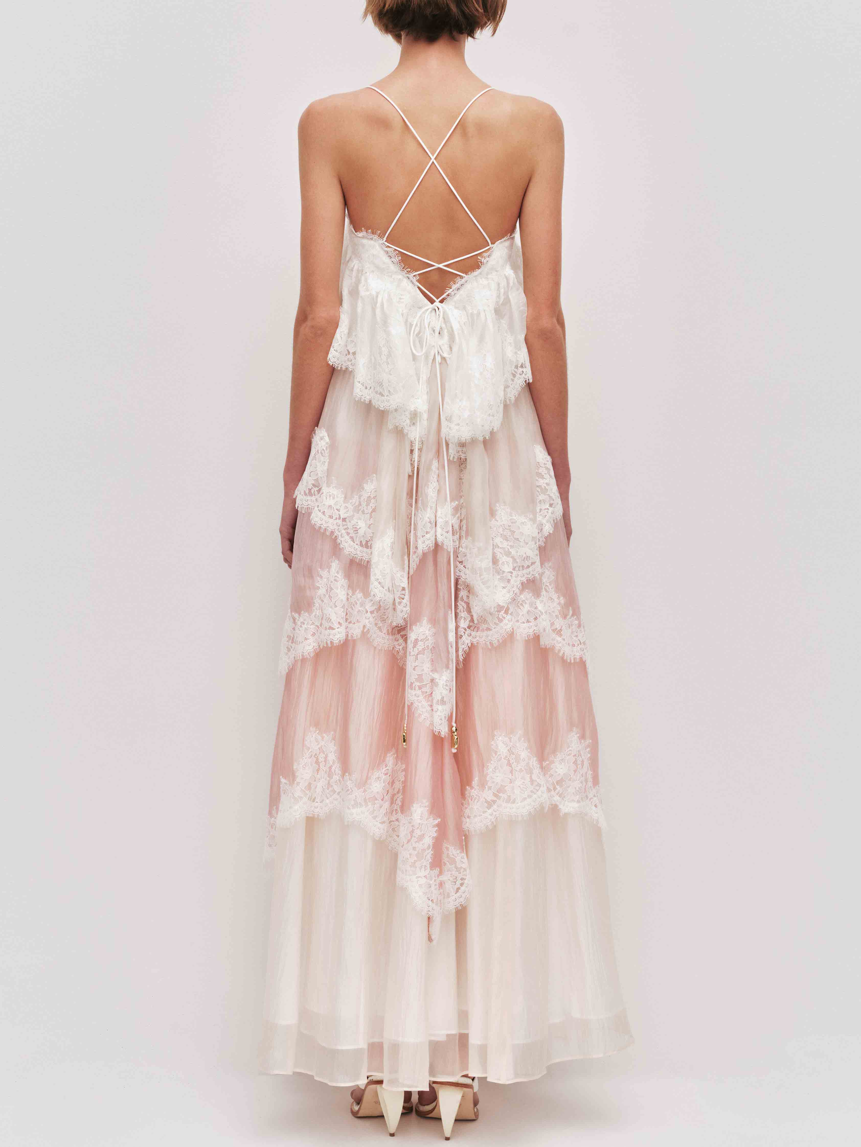 Ombre Tiered Lace Trim Spaghetti Strap Maxi Dress