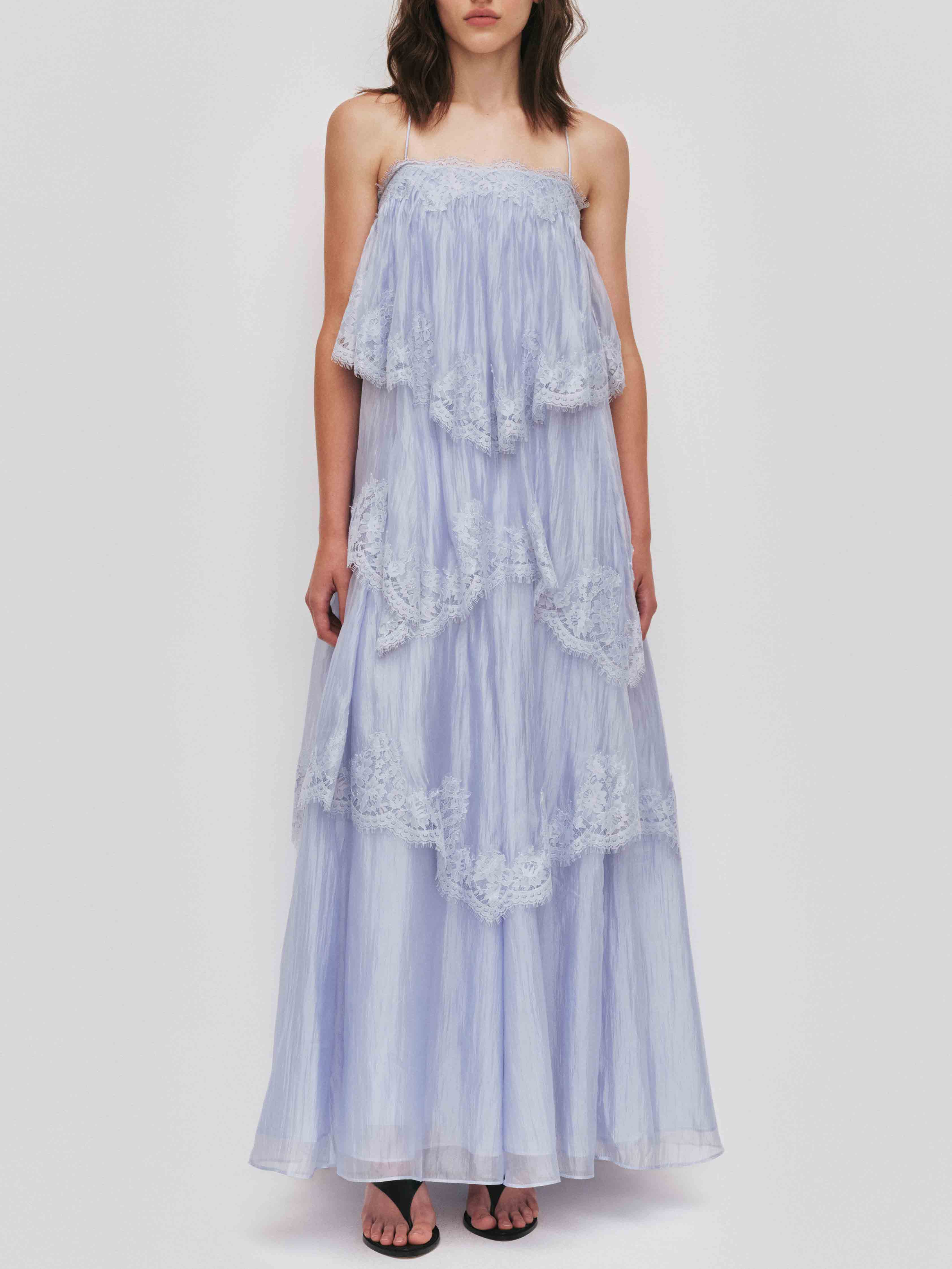 Elegant Layered Lace-Trim Spaghetti Strap Maxi Dress