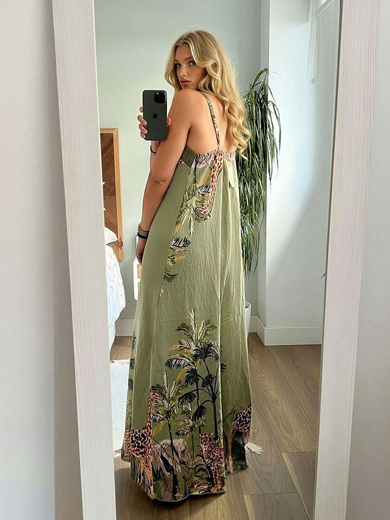 Tropical Giraffe Palm Tree Print Sleeveless High-Waist Jumpsuit
