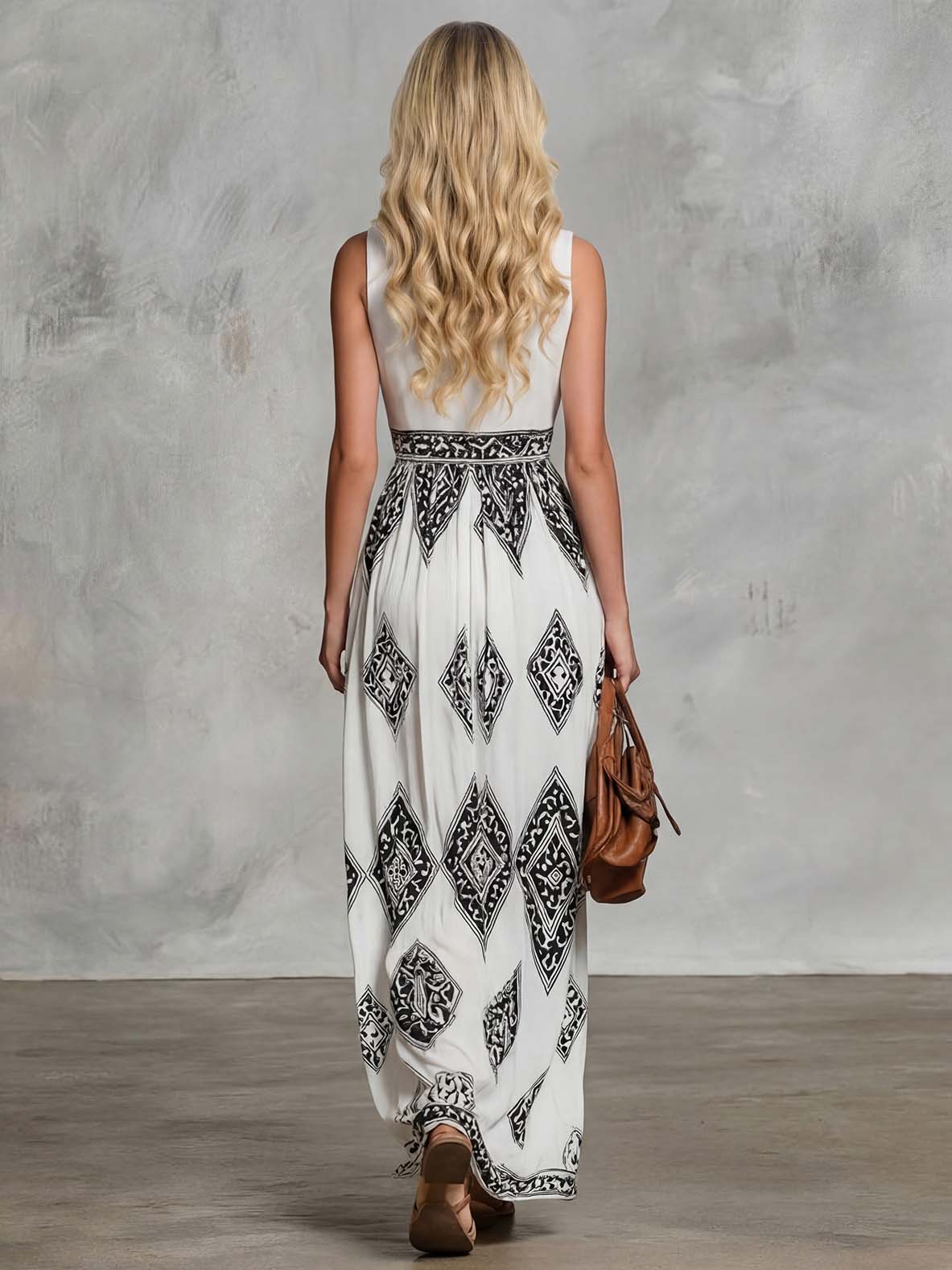 Bohemian Geometric Print Halter Maxi Dress