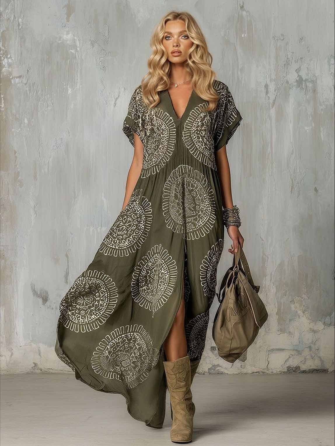 Casual Tribal Dot Print V-Neck Maxi Dress