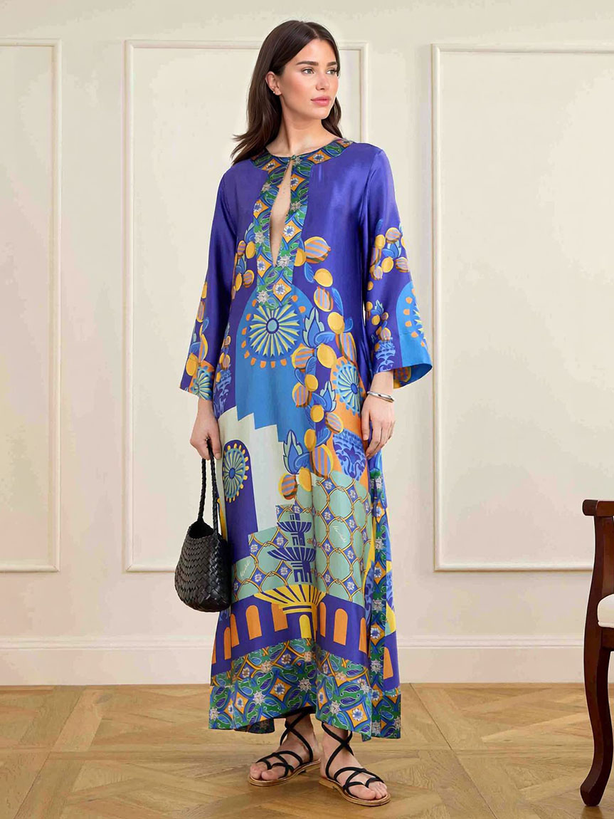 Unique Painted Print Satin Kaftan Maxi Dress