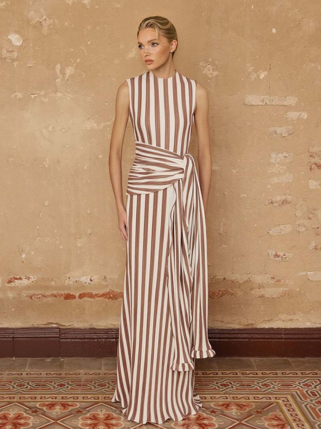 Elegant Striped Sleeveless Tie-Waist Maxi Dress
