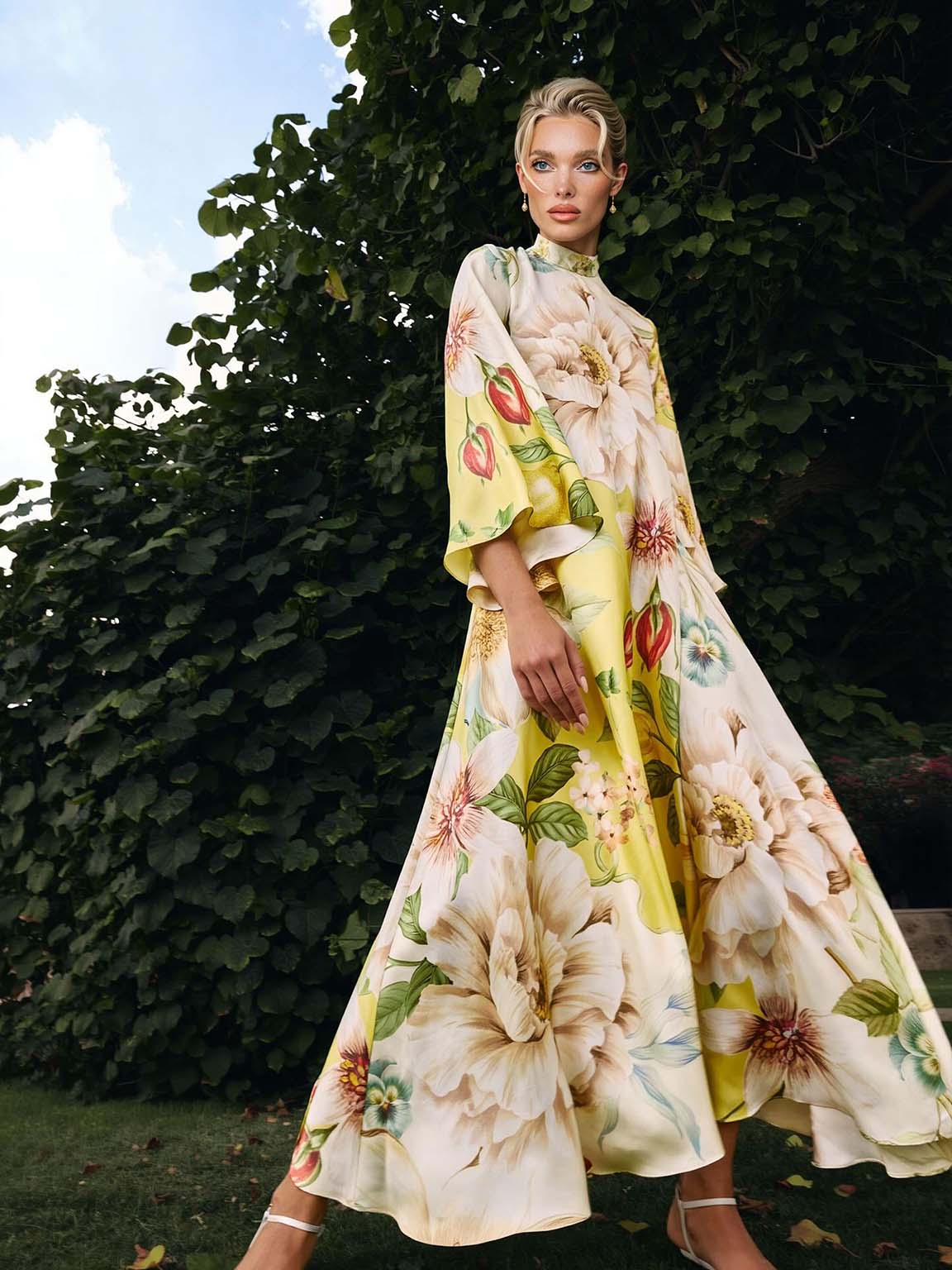 Elegant Floral Print Bell Sleeve Maxi Dress