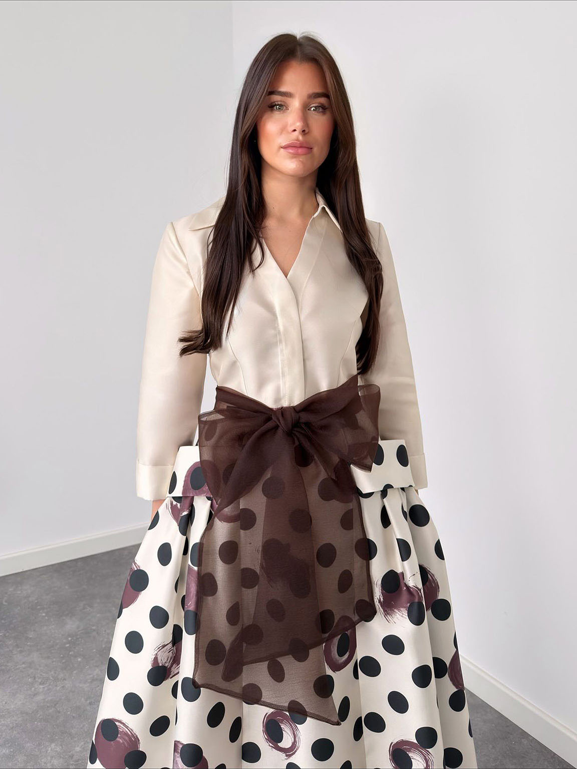 Elegant Polka Dot Print Tie-Waist Maxi Dress