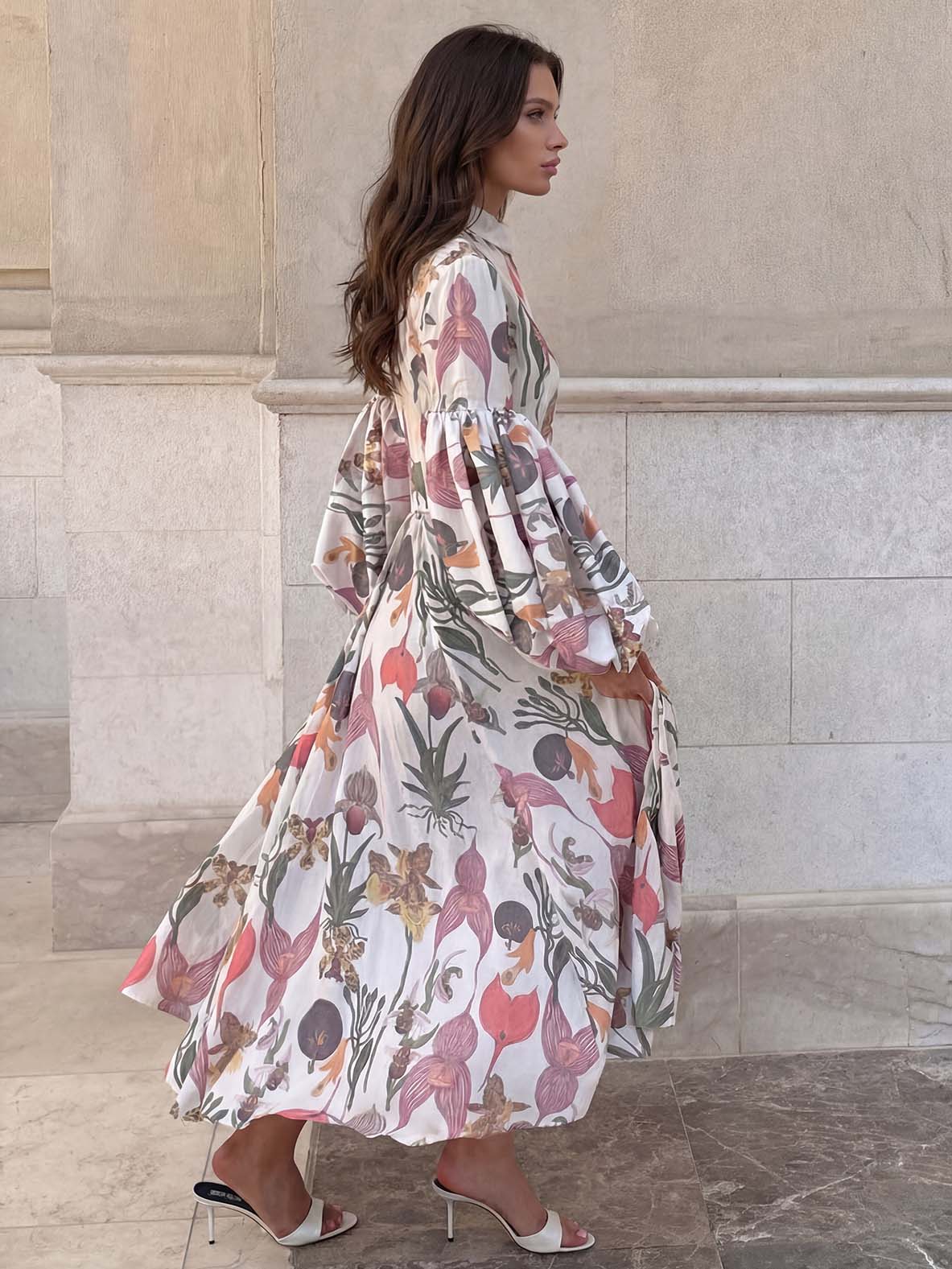 Elegant Botanical Floral Print Midi Dress