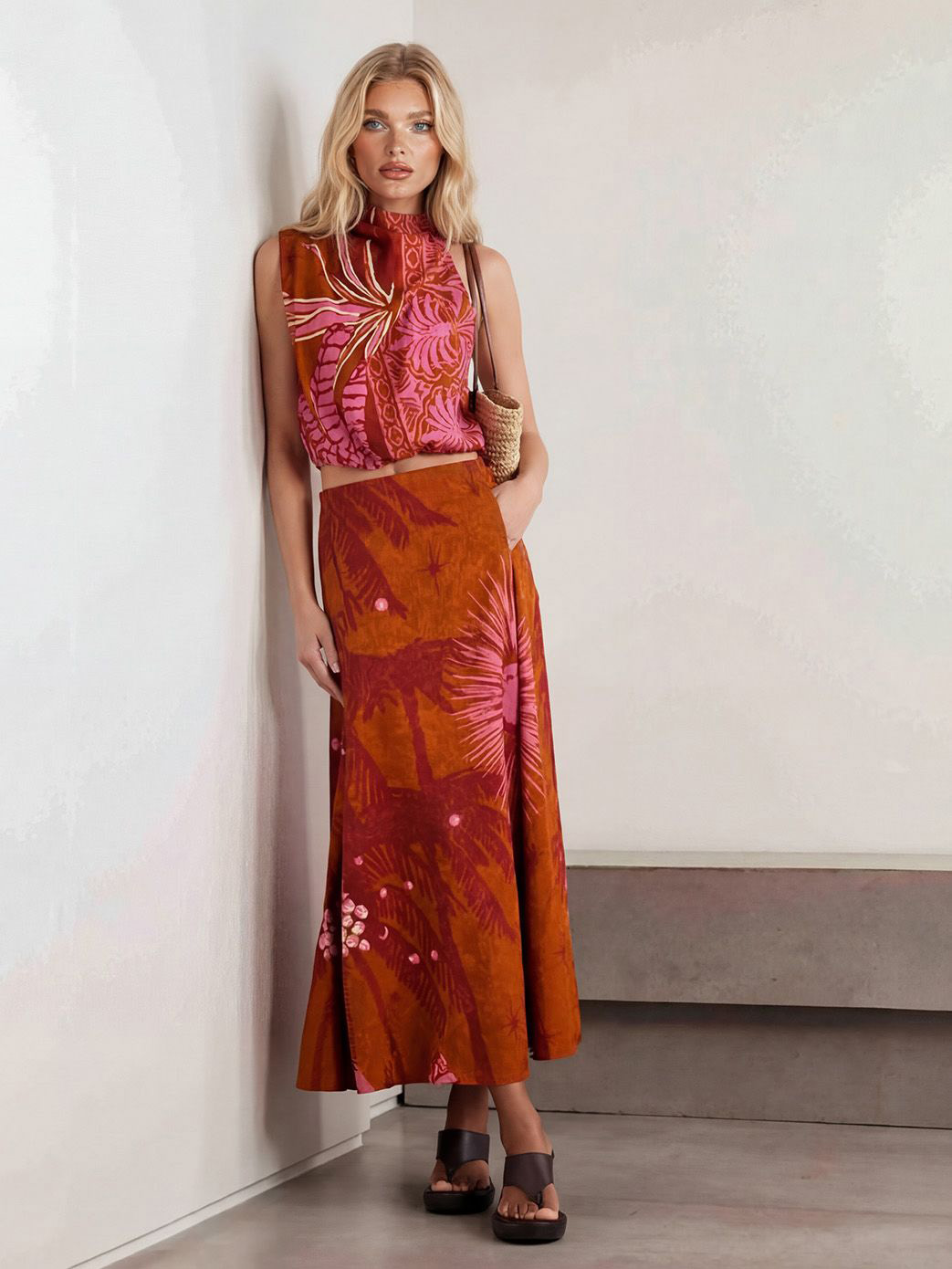 Retro Palm Tree Print Top & Skirt Two-Piece Set