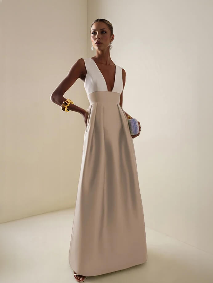 Elegant Deep V-Neck Colorblock Ruched A-Line Maxi Dress