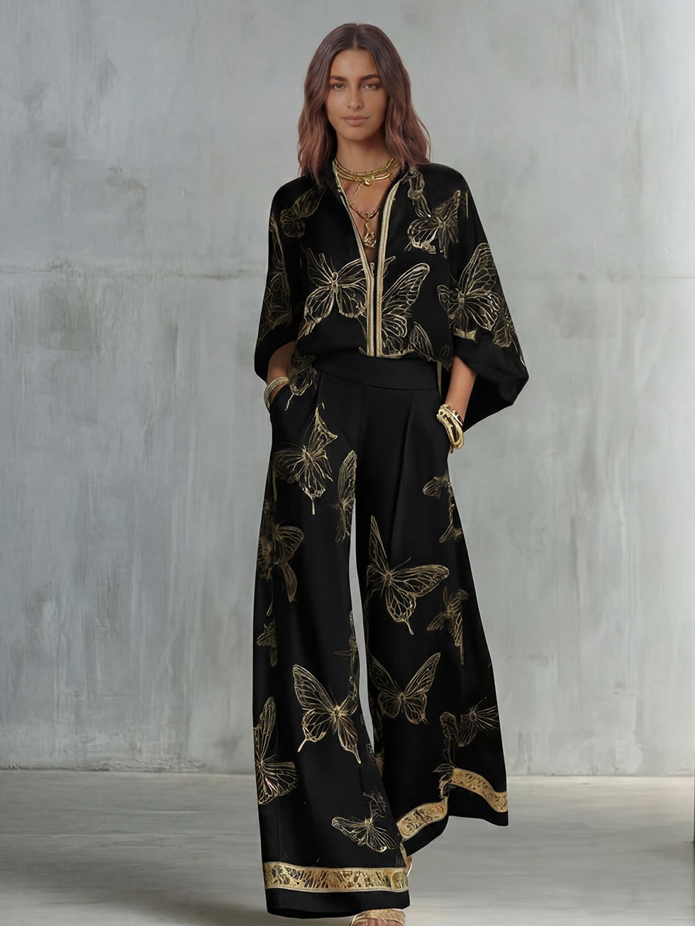 Elegant Butterfly Print Zip-Up Top & Wide Leg Pants Set
