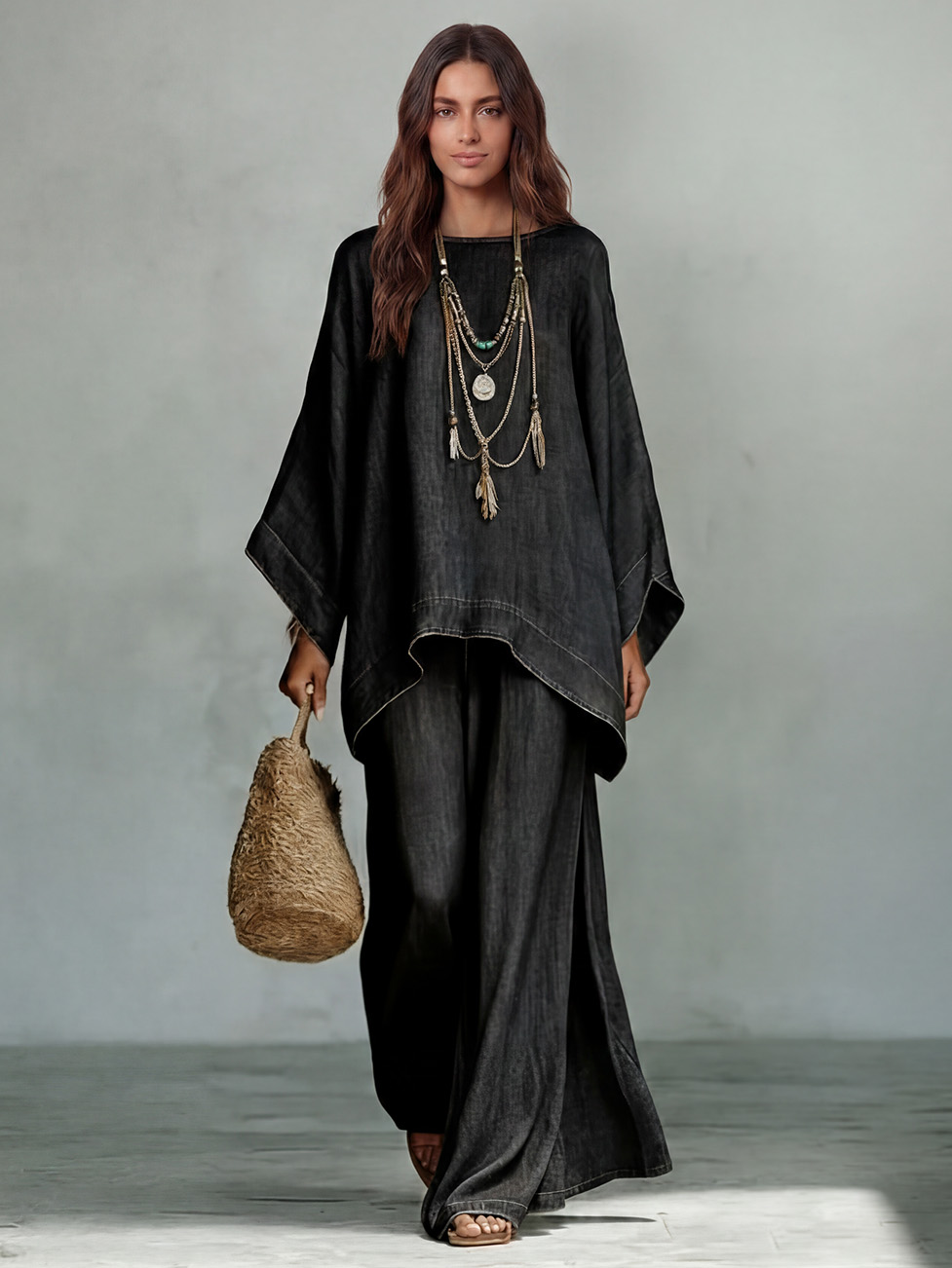 Casual Denim Batwing Asymmetrical Top & Wide Leg Pants Set