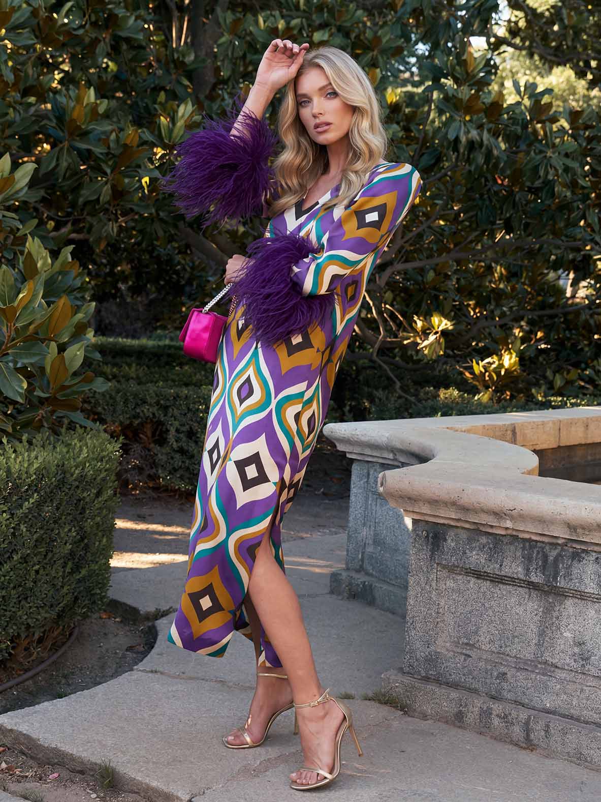 Elegant Geometric Print Feather Cuff Satin Maxi Dress