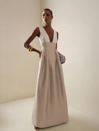Elegant Deep V-Neck Colorblock Ruched A-Line Maxi Dress
