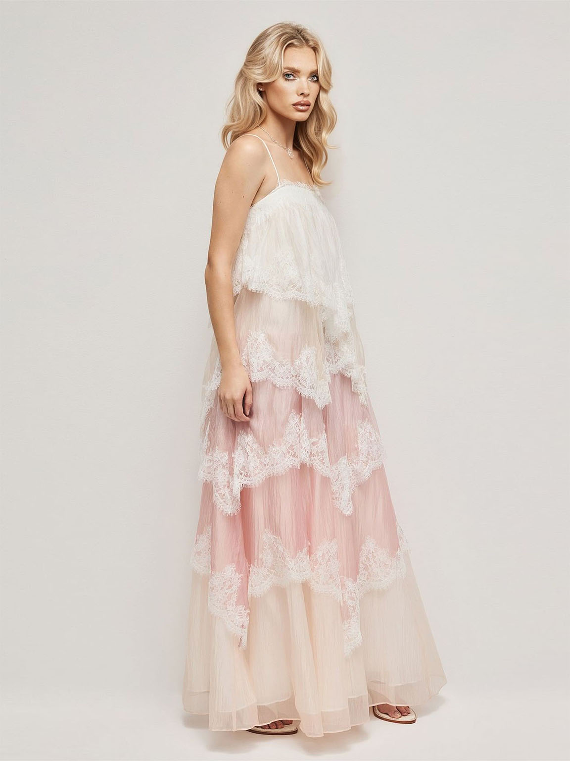 Ombre Tiered Lace Trim Spaghetti Strap Maxi Dress