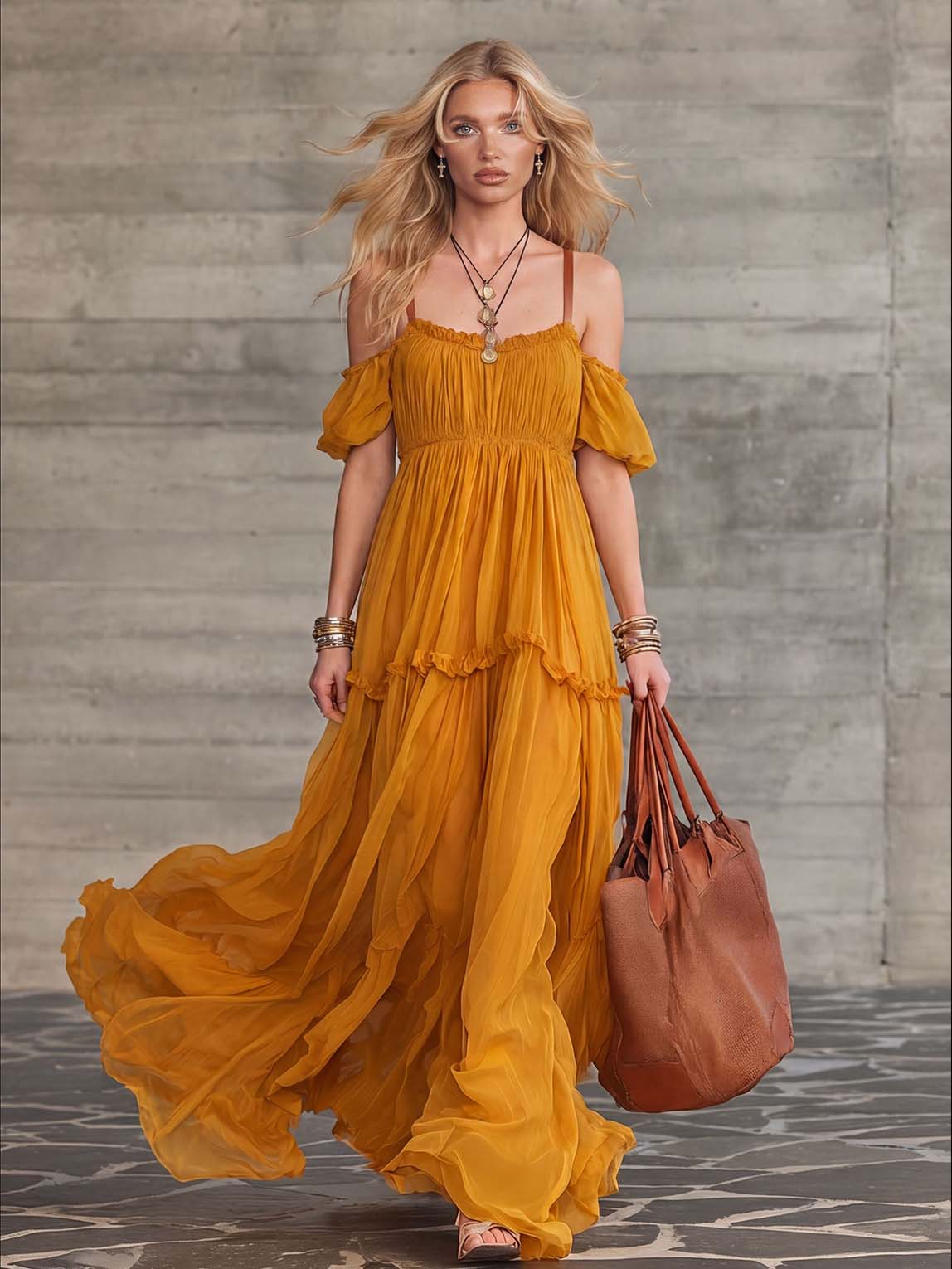 Bohemian Off-Shoulder Ruffle Chiffon Maxi Dress